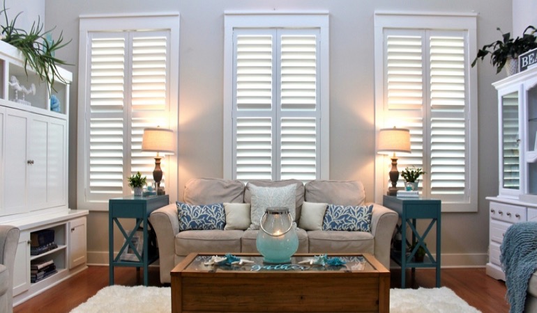 Dover designer living room with white shutters 